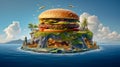 Classic hamburger in the shape of an island. Generative AI.