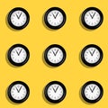 A Classic hand clocks pattern on yellow background. Time passing concept with clock pointing at 11 in the morning.