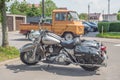 Classic Harley davidson and old Polish van Zuk parked Royalty Free Stock Photo