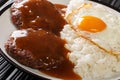 Classic Hawaiian dish, Loco Moco consists of steamed rice with juicy hamburger steak, fried egg and gravy close-up on a plate. Royalty Free Stock Photo