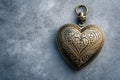 Classic heart-shaped locket with detailed scrollwork, lying on a textured icy surface