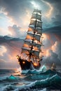 The Classic Historical Ship\'s Bold Progress through a Stormy Sea and a Turbulent Cloudy Sky. AI generated