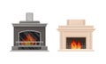 Classic home marble hearth fireplace with flaming fire set vector illustration