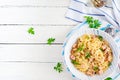 Classic homemade carbonara pasta with pancetta, egg, hard parmesan cheese and cream sauce. Royalty Free Stock Photo