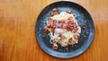 Carbonara spaghetti with onsen egg, crispy bacon, hard parmesan cheese and cream sauce Royalty Free Stock Photo