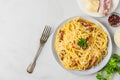 Classic homemade italian pasta carbonara with bacon, eggs, parmesan cheese and parsley in a plate with fork. top view Royalty Free Stock Photo