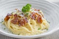 Classic Homemade Pasta Carbonara Italian. Spaghetti with bacon, Royalty Free Stock Photo