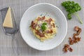 Classic Homemade Pasta Carbonara Italian. Spaghetti with bacon, Royalty Free Stock Photo