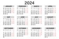 Classic horizontal calendar 2024 in English. Days, weeks and months. Print