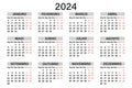 Classic horizontal calendar 2024 in Portuguese. Days, weeks and months. Print