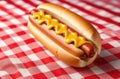 Classic hot dog with mustard on a red and white checkered tablecloth, symbolizing traditional American fast food Royalty Free Stock Photo