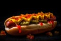 Classic hot hotdog with ketchup mustard and relish on black background. AI generated.