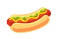 Classic hotdog isolated on white background. Fast food vector object. Big Hot dog cartoon illustration. Takeaway food