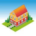 Classic house in isometric view with a green lawn and trees.House with landscaping Royalty Free Stock Photo