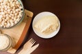 Classic hummus on a small plate on wooden table. Top view.