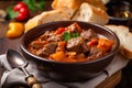 Classic Hungarian goulash with tender beef, diced tomatoes, and bell peppers in a thick and flavorful sauce