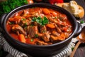 Classic Hungarian goulash with tender beef, diced tomatoes, and bell peppers in a thick and flavorful sauce
