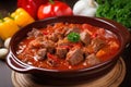 Classic Hungarian goulash with tender beef, diced tomatoes, and bell peppers in a thick and flavorful sauce
