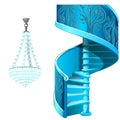 Classic ice spiral staircase and crystal chandelier. Decorative frozen interior elements. Vector isolated on white