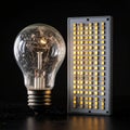Evolution of Light Incandescent Bulb vs Modern LED Panel Royalty Free Stock Photo