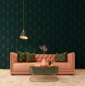 Classic interior Art deco style.Sofa with lamp and vase on table.Marble floor.Dark green wall with art deco pattern.
