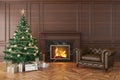 Classic interior with christmas tree, fireplace, lounge armchair