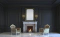 A classic interior is in dark tones with fireplace. 3d rendering. Royalty Free Stock Photo