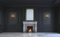 A classic interior is in dark tones with fireplace. 3d rendering. Royalty Free Stock Photo