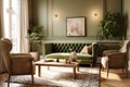 Classic interior design of living room with green velvet tufted sofa and two beige armchairs. Created with generative AI Royalty Free Stock Photo