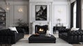 Classic interior design of modern living room with fireplace and black leather sofa Royalty Free Stock Photo