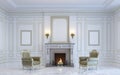 A classic interior is in light tones with fireplace . 3d rendering. Royalty Free Stock Photo