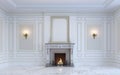 A classic interior is in light tones with fireplace. 3d rendering. Royalty Free Stock Photo