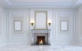 A classic interior is in light tones with fireplace. 3d rendering. Royalty Free Stock Photo