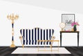 Classic interior of a living room with a striped sofa. Vector illustration.