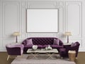 Classic interior in purple,pink and goldcolors.Sofa,chairs,sidetables with lamps,table with decor.White color walls with moulding