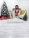 Interior room decorated in Christmas style with Christmas tree and gift boxses