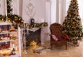 Classic interior room decorated in Christmas style with Christmas tree