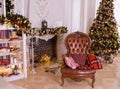 Classic interior room decorated in Christmas style with Christmas tree