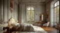 Classic interior of royal bedroom with white walls and floor. 3d render. Royalty Free Stock Photo
