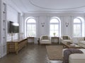 Classic interior. Sofa, chairs, sidetables with lamps,table with decor. White walls with mouldings. Floor parquet herringbone,rug