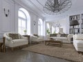 Classic interior. Sofa, chairs, sidetables with lamps,table with decor. White walls with mouldings. Floor parquet herringbone,rug