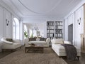 Classic interior. Sofa, chairs, sidetables with lamps,table with decor. White walls with mouldings. Floor parquet herringbone,rug