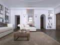 Classic interior. Sofa, chairs, sidetables with lamps,table with decor. White walls with mouldings. Floor parquet herringbone,rug