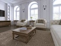 Classic interior. Sofa, chairs, sidetables with lamps,table with decor. White walls with mouldings. Floor parquet herringbone,rug