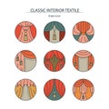 Classic interior textile-collection of colored linear icons with