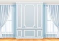 Classic interior. White wall with moulding frames and window. Home room vintage vector decoration