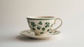 Classic Irish teacup with clover motif, Saint Patrick's Day, white background, traditional drinkware, copy space