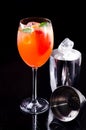 Classic Italian Aperol Spritz cocktail with orange slice, fresh mint, fruit in wineglass and ice cube, shaker on bar