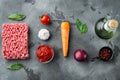 Classic italian bolognese sauce ingredients, ground meat tomatoe and herbs, on gray stone background, top view, flat lay Royalty Free Stock Photo