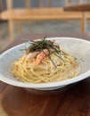 Classic Italian food creamy spaghetti with crab willow and seaweed in the restaurant